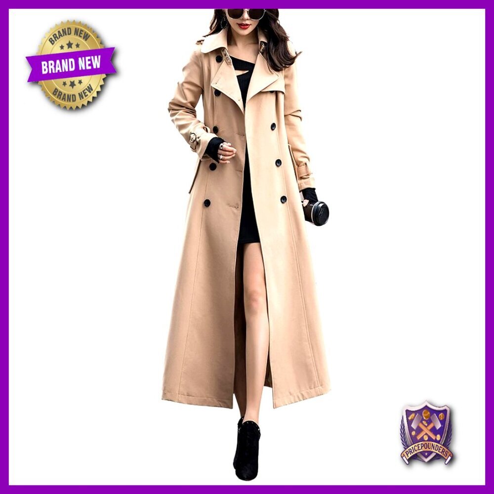 Double Breasted Maxi Trench Coat Elegant Office Wear Classic Feminine Fit Flare